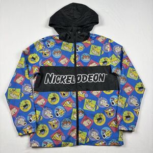 Nickelodeon Character Print Windbreaker Jacket Mens M Rugrats Cat Dog Hood 90s